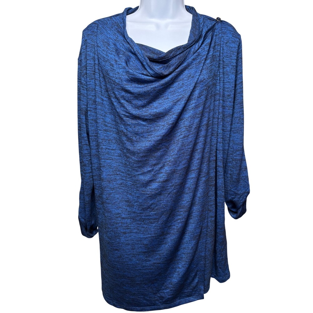 BETABRAND Womens Blue Cowl Neck Tunic M Roll Tab Drapey Soft Casual Minimalist